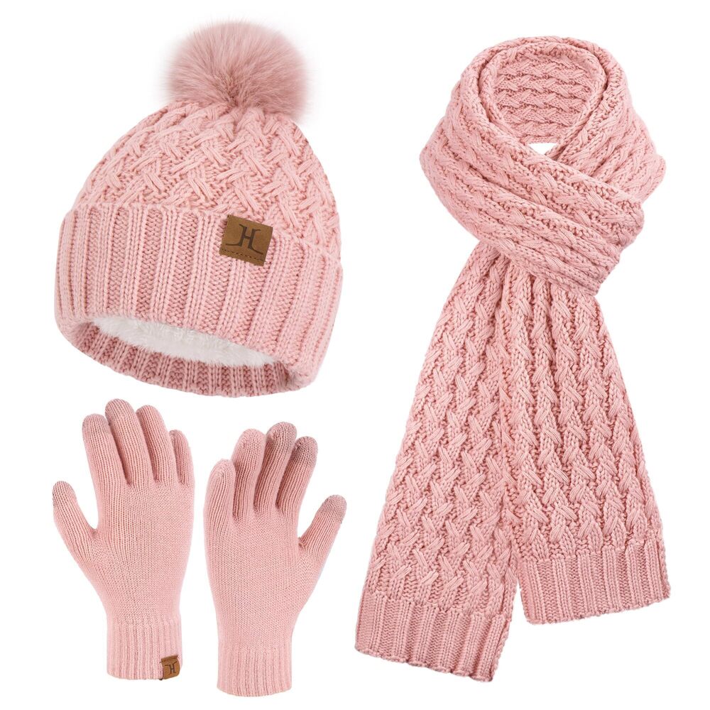 9030 Winter Beanie Hat Touchscreen Gloves Long Neck Scarf Set Warm Knit